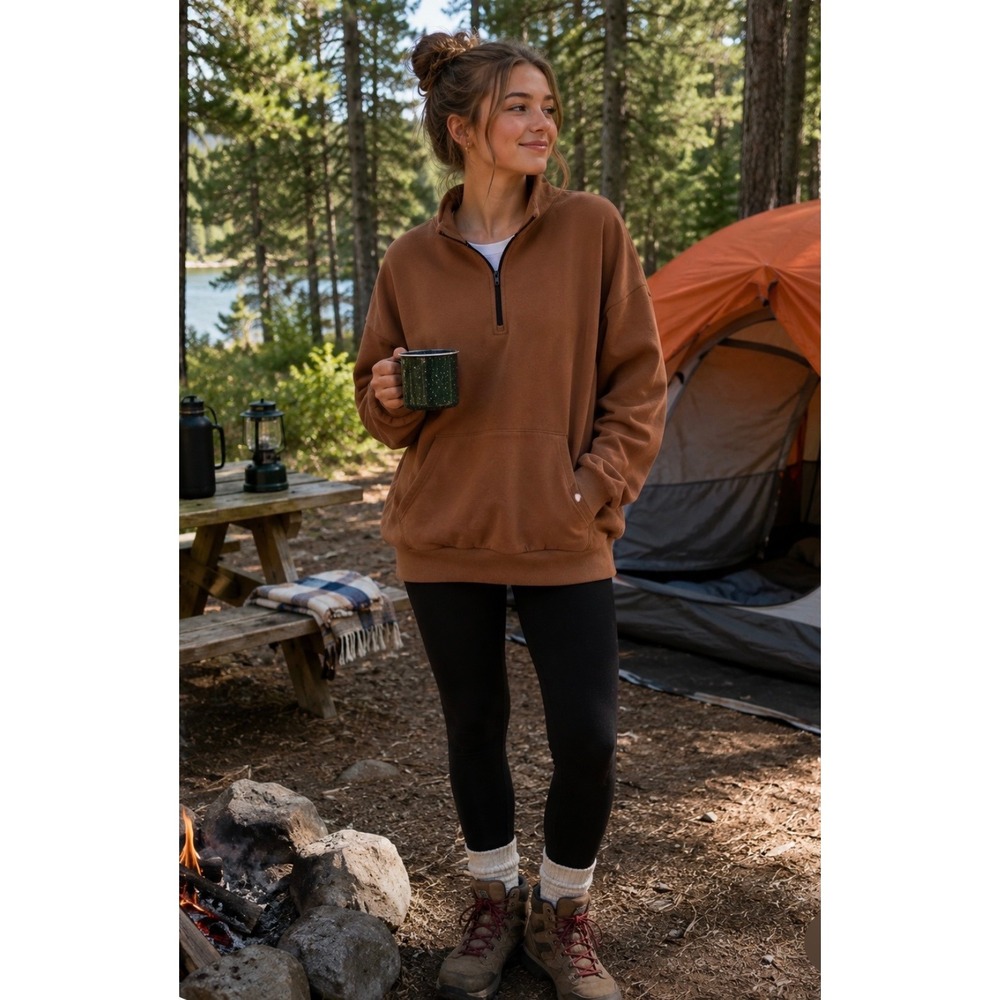 Caracilia Womens Quarter Zip Fleece Pullover Sweatshirt Brown XL Oversized